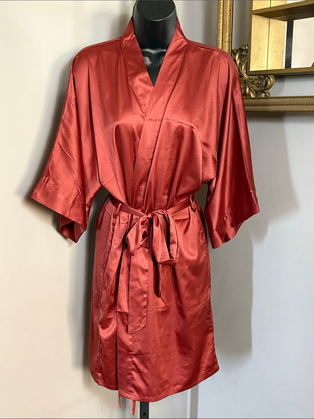 AW Bridal Small Cinnamon Satin Wrap Kimono Robe with Waist Tie